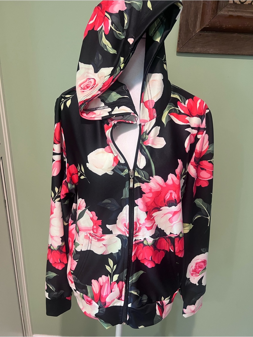 NWT Black Floral Zip-Up Hoodie with Pink & White Blossoms